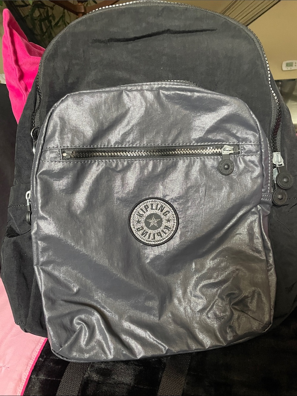 Kipling Metallic Gray and Pink Accent Front-Zip Backpack